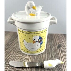 Vintage 90s Y2K Goose Cheese Crock &Lid and Speader  Farmhouse Cottagecore